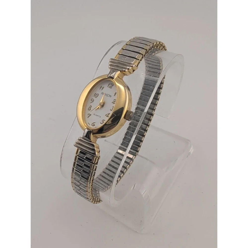 Vtg Revlon Women's Watch 20mm Gold Case Two Tone Stretch Band- New Battery